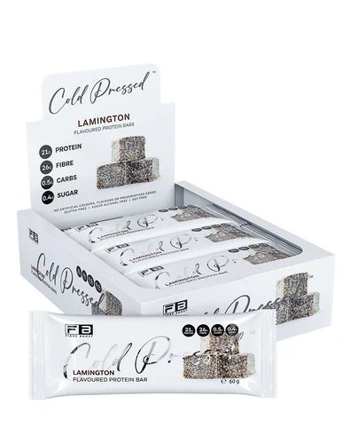 Fibre Boost protein bar in Lamington flavor, cold-pressed for a nutritious snack, displayed in a 12-pack.