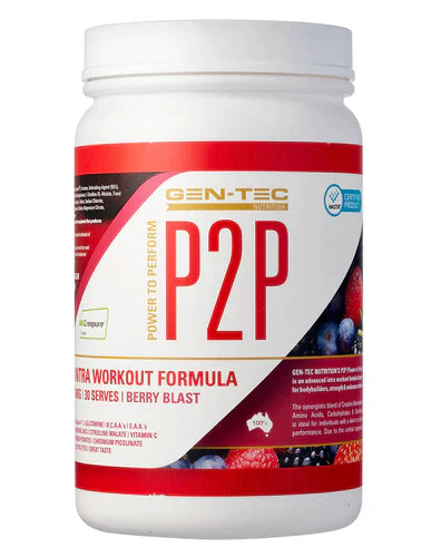 GENTEC P2P GENTEC supplement with berry flavor, featuring vibrant berries and natural ingredients in a sleek bottle.