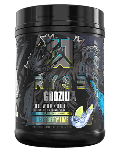 RYSE UP Godzilla Pre-Workout container with Monsterberry Lime flavor, featuring vibrant label design and product details.