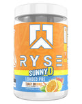 RYSE Loaded Pre workout supplement from RYSE UP with SunnyD Tangy Original flavor, showing the product container and label.