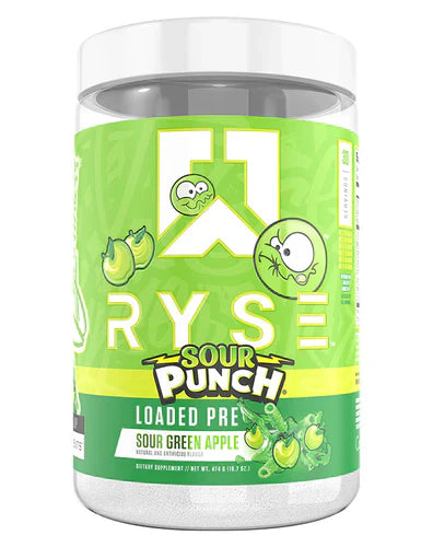 RYSE Loaded Pre pre-workout powder in Sour Green Apple flavor, showing the front of the RYSE UP branded container.