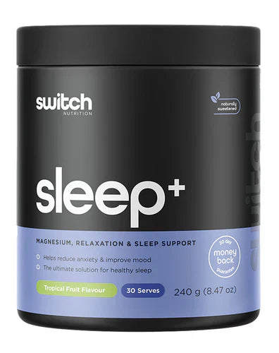 Switch Nutrition Sleep+ tropical fruit flavored dietary supplement in a 20-ounce tub with a scoop and tropical fruit label.