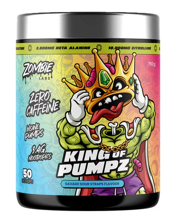 ZOMBIE LABS King of Pumpz Savage Sour Straps supplement container with 50 scoops, featuring colorful sour straps on label.