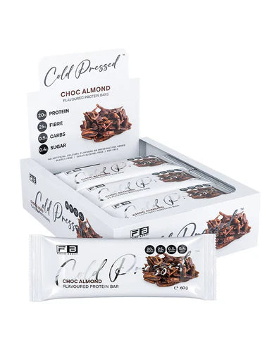 Fibre Boost Protein Bar with almond flavor in a 60g cold-pressed box, featuring a nutritious fibre and protein blend.