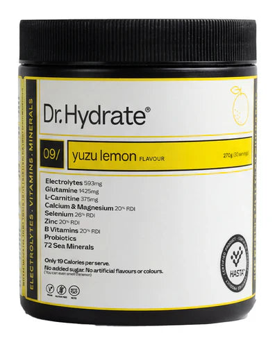 Dr. Hydrate electrolytes tub with yuzu lemon flavor, showing the 270g container for hydration and electrolyte replenishment.