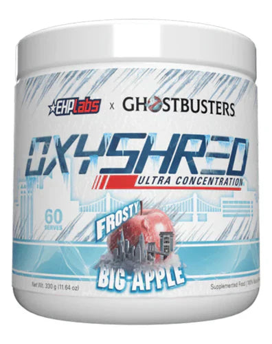 EHP LABS OXYSHRED fat burner supplement with Ghostbusters Frosty Big Apple flavor, featuring vibrant packaging and branding.
