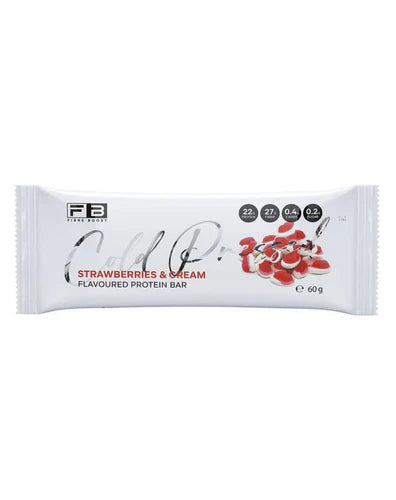 Fibre Boost Protein Bar with strawberries and cream flavor, cold-pressed and packed with fiber and protein.