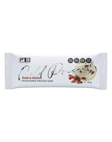 Fibre Boost Protein Bar with rum and raisin flavor, showing the bar wrapped in packaging with visible raisins and fiber content.