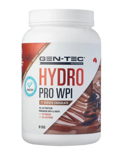 GENTEC Hydro Pro WPI chocolate protein powder container with 810g label, showing the product packaging and branding.