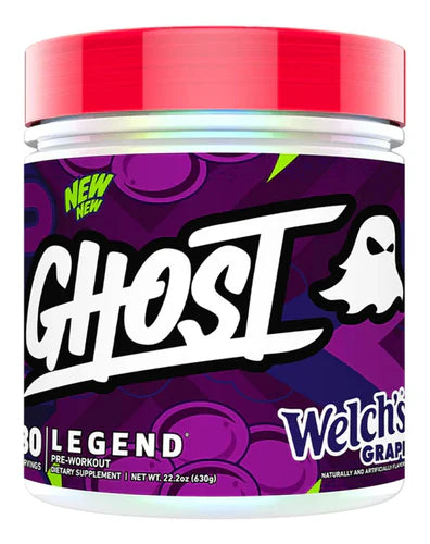 GHOST LEGEND V4 supplement container with Welch's Grape flavor label, featuring a black and purple design and product branding.