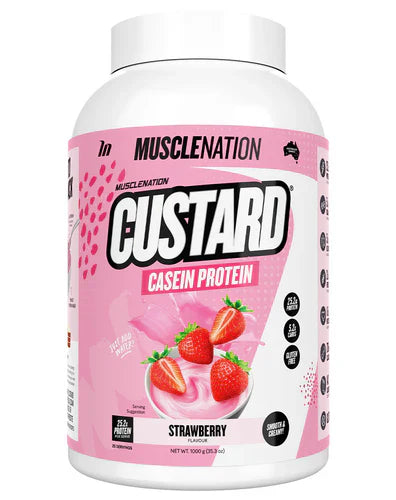 Muscle Nation Custard casein protein in strawberry flavor, featuring a creamy, smooth dessert texture in a container.