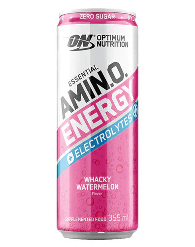 Optimum Nutrition Sparkling Amino Energy drink can featuring a Whack Watermelon flavor with a vibrant watermelon design.