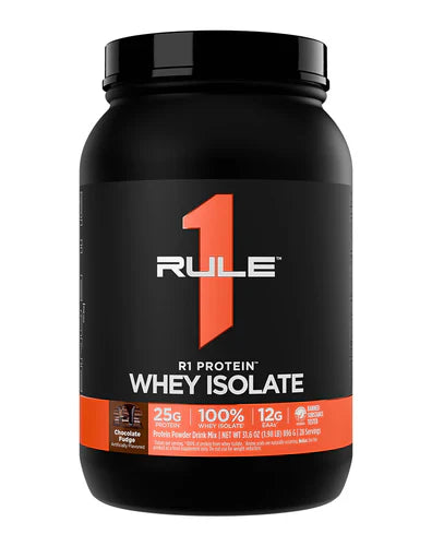 RULE 1 Protein Isolate in chocolate fudge flavor, 2lb package, featuring the RULE1 brand label on the front of the container.