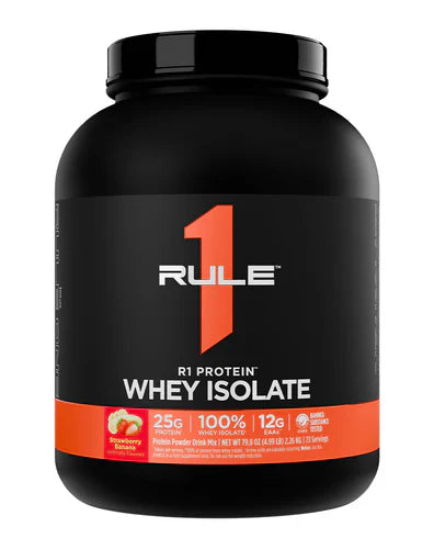 RULE 1 Protein Isolate in strawberry banana flavor, 5lb container, front view showing the product packaging.