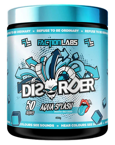 FACTION LABS Disorder Original supplement container with aqua splash label, 50-serving size, showcasing the product image.