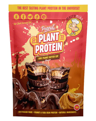 Macro Mike plant-based protein in a 1kg package featuring peanut butter cups with a beige and brown design.