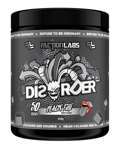 Faction Labs Disorder Original supplement container with black and white label, featuring black and red accents and product details.