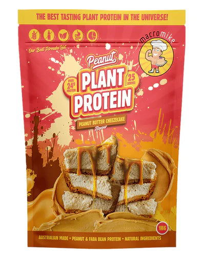 Macro Mike plant-based protein powder in a 1kg peanut-flavored container with a label featuring peanuts and protein imagery.