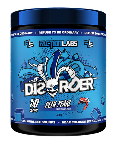 FACTION LABS Disorder Original supplement container with blue and pearl design, 50 servings, showing the product label.