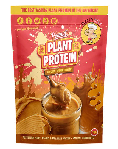 Macro Mike plant-based protein in 1kg jar, featuring peanut flavor, natural peanut butter texture, and eco-friendly packaging.