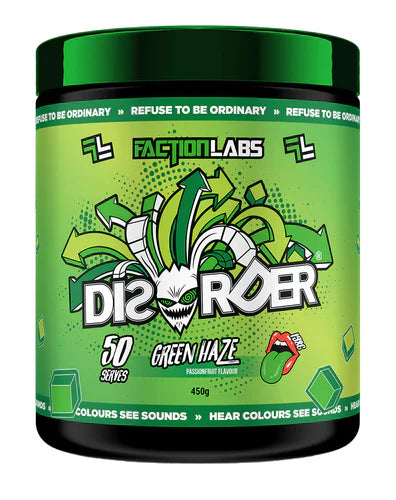 Faction Labs Disorder Original supplement container with green haze flavor, 50-serving size, featuring the product label and branding.