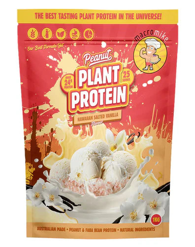 Macro Mike plant-based protein in 1kg Hawaiian salted vanilla flavor, showing the product packaging with a vanilla bean and plant elements.
