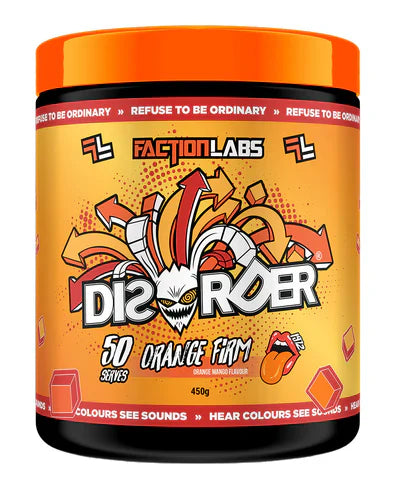 Faction Labs Disorder Original supplement container with orange label, 50 servings, showing the product packaging.