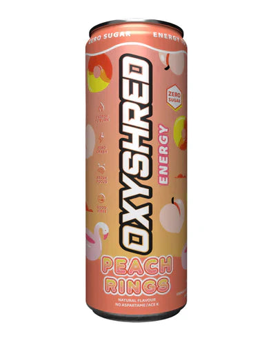 EHP LABS OxyShred Ultra Energy RTD peach rings flavor in a sleek can with vibrant peach imagery and branding.