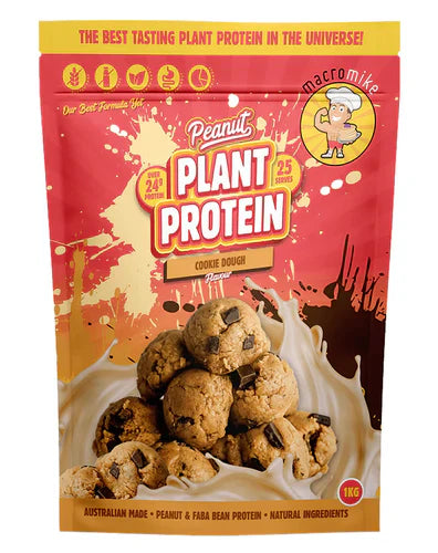 MACRO MIKE Plant-Based Protein in 1kg Cookie Dough flavor, featuring a green plant and protein powder packaging.
