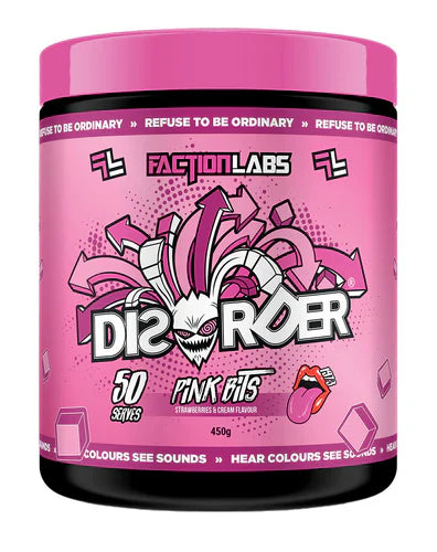Faction Labs Disorder Original supplement container with pink and black label, showing 50 servings, on a white background.