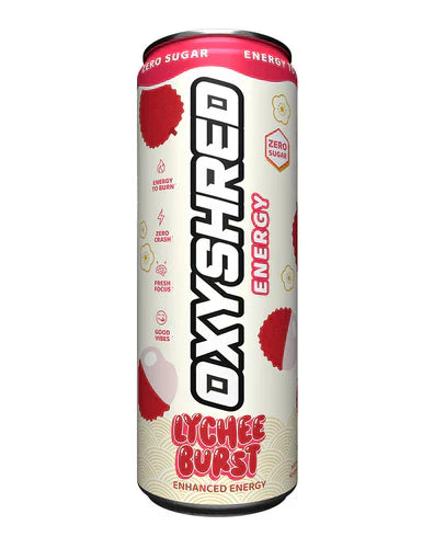 EHP LABS OxyShred Ultra Energy Can in Lychee Burst flavor, featuring vibrant packaging and a sleek design.