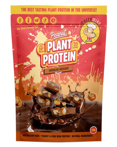 Macro Mike plant-based protein powder in caramel chocolate hazelnut flavor, 1kg jar with label and product packaging details.