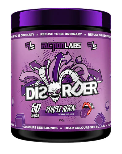 FACTION LABS Disorder Original pre-workout supplement in purple container, 50 serving size, with purple Reign flavor.
