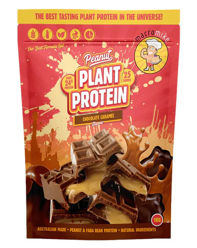 Macro Mike Plant-Based Protein in caramel chocolate flavor, 1kg container, with a focus on the product and packaging.