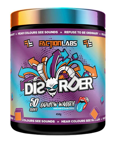 Faction Labs Disorder Original supplement container with rainbow-colored label, 50-serving size, on a plain background.
