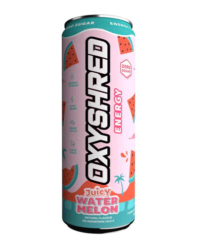 EHP LABS Oxyshred Ultra Energy RTD can with Juicy Watermelon flavor, featuring vibrant watermelon imagery and sleek branding.