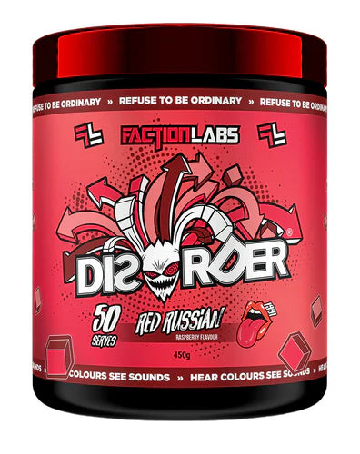 Faction Labs Disorder Original supplement container with red Russian flavor label and product details on a white background