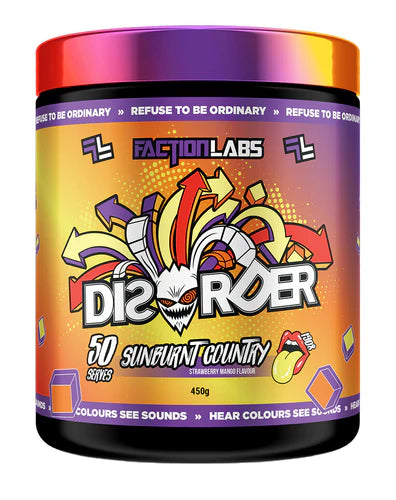 Faction Labs Disorder Original supplement container with label, showing flavor and serving details on a product bottle.