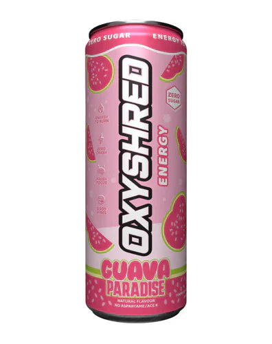 EHP LABS OxyShred Ultra Energy can with Guava Paradise flavor, featuring vibrant packaging and a refreshing beverage design.