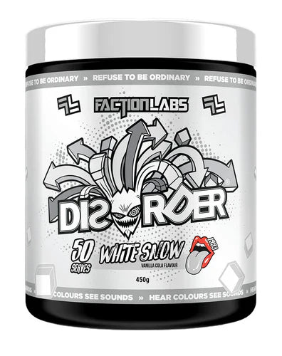Faction Labs Disorder Original supplement container with white and black label, showing product name and serving size on the label.