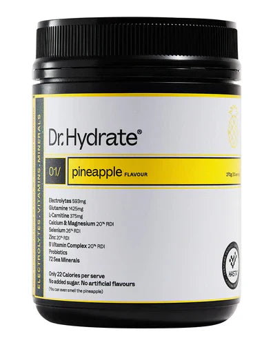 Jar of Dr Hydrate Electrolytes in pineapple flavor with bright label, showing the product name and branding on the container.