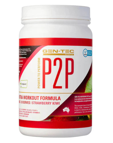 GENTEC P2P strawberry-kiwi flavored supplement in a sleek bottle with colorful label and fresh fruit images on the packaging.