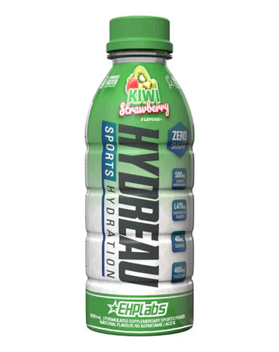 EHP LABS Hydreau RTD drink with kiwi and strawberry flavor in a sleek 500ml bottle, showcasing vibrant fruit imagery.