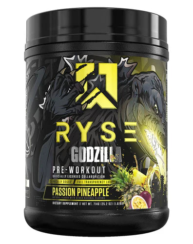 RYSE UP Godzilla Pre-Workout supplement in Passion Pineapple flavor, 40 servings, featuring a vibrant passion fruit and pineapple design.