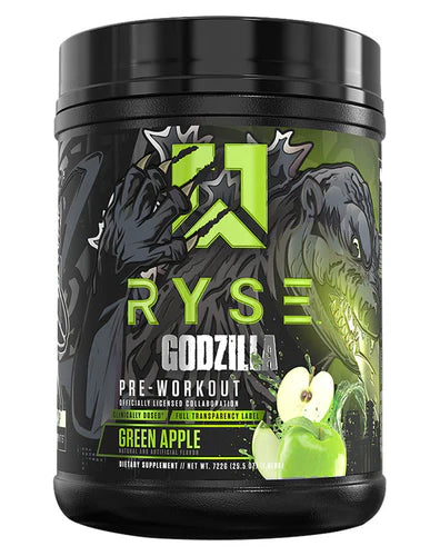RYSE UP Godzilla PreWorkout supplement container with green apple flavor, front view showing label and product branding.