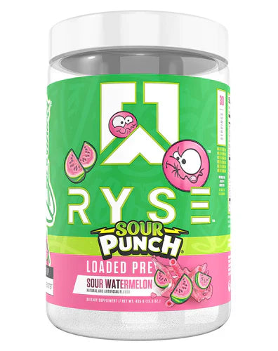 RYSE LOADED PRE supplement container with SourPunch Sour Watermelon flavor, featuring vibrant product label design.