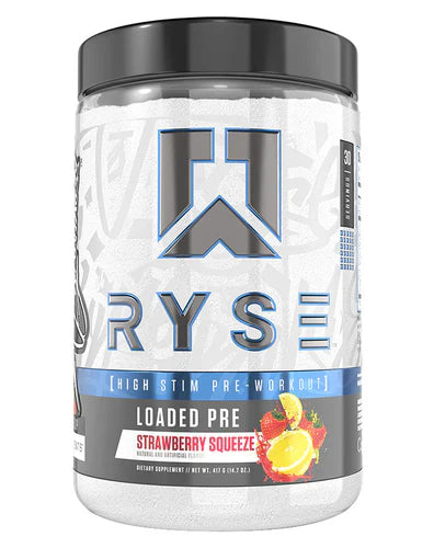 RYSE LOADED PRE strawberry-flavored pre-workout powder in a container with a scoop and serving size display