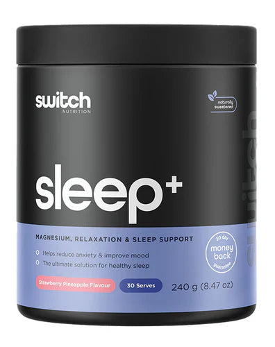 Switch Nutrition Sleep+ strawberry pineapple flavored supplement in a 20-ounce tub, showing the colorful product packaging.