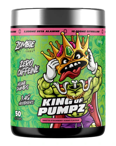 Zombie Labs King of Pumpz supplement container featuring Sinister Strawberry flavor and 50 scoops for energy and performance.