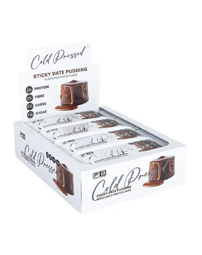 Fibre Boost Protein Bar featuring sticky date pudding flavor, cold-pressed ingredients, 60g, showcasing its textured surface